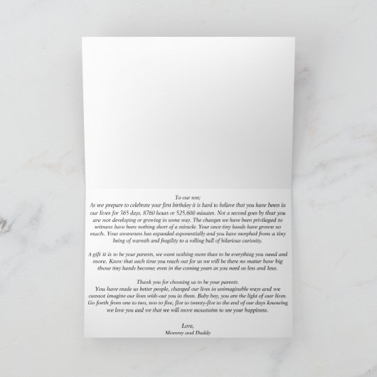 Gevouwen 1e Verjaardag Kaart voor Zoon van Mama&Da (Binnen)