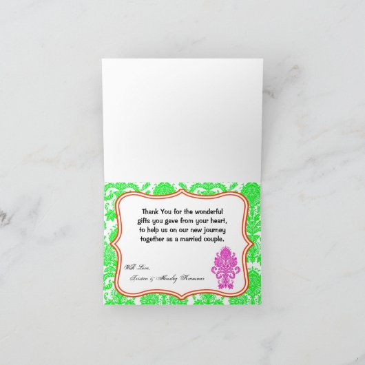 Gevouwen bedankkaart Nein Green Pink Damask Kant (Binnen)