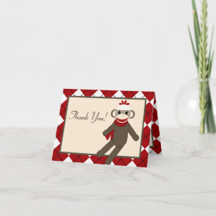 Gevouwen bedankkaart Red Sock Monkey Argyle