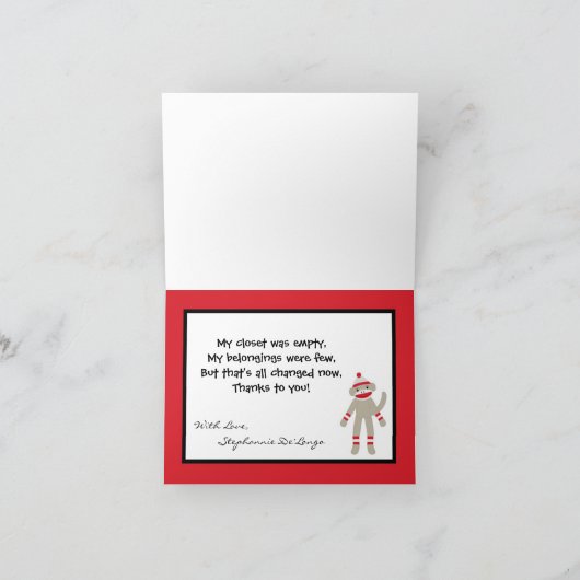 Gevouwen bedankkaart Rode Polkadot Sock Monkey Spe (Binnen)