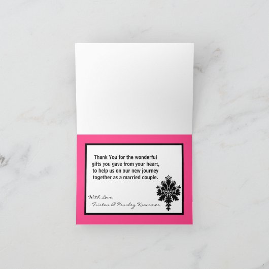 Gevouwen bedankkaart Zwart Hot Pink Damask Kant (Binnen)