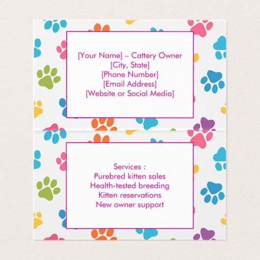 Gevouwen Cattery Visitekaartje  foto (Binnenkant ongevouwen)