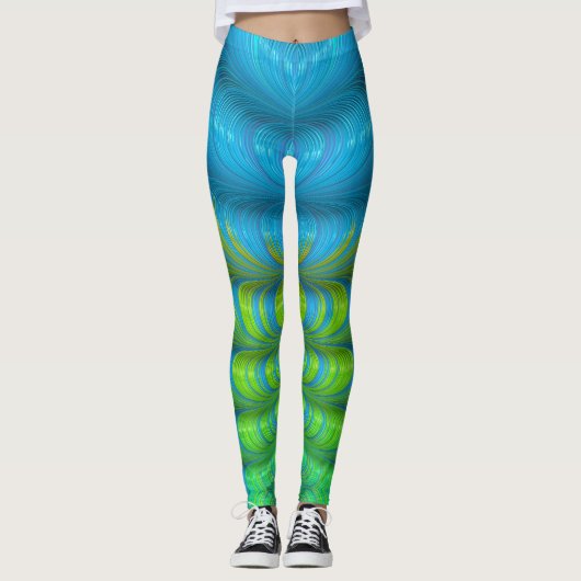 Gevouwen golven van Groene en Blauwe Fractal Abstr Leggings (Voorkant)