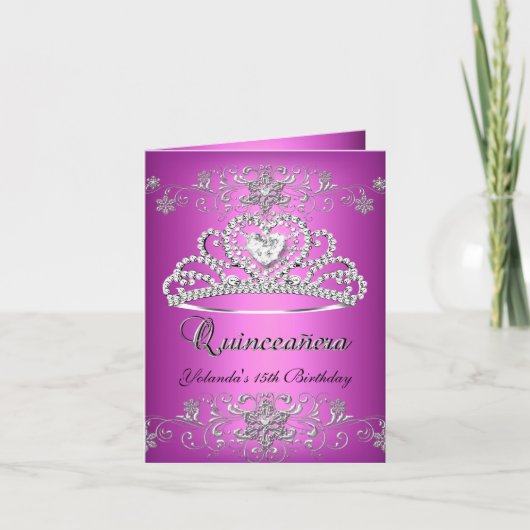 Gevouwen Kaart Quinceanera Pink Glitter Tiara (Voorkant)