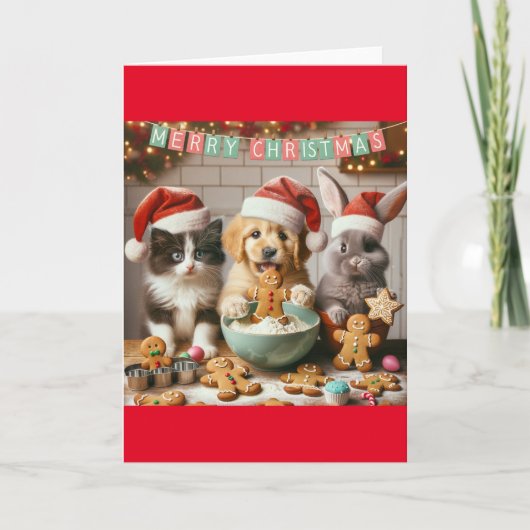 Gevouwen Kerstmis Kaart met hond, kat, konijn #3 (Voorkant)