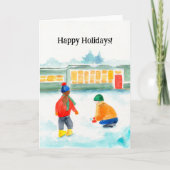 Gevouwen vakantiekaart met kinderen die in sneeuw  feestdagen kaart (Voorkant)