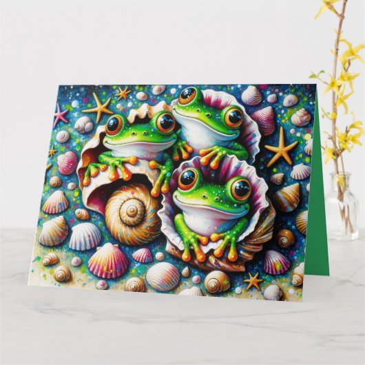 Gevouwen Wenskaart met Drie Kikkers Kaart (Gele Bloem)