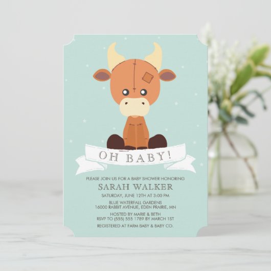 Gevulde Koe geel en groen neutraal Baby shower Kaart (Staand voorkant)