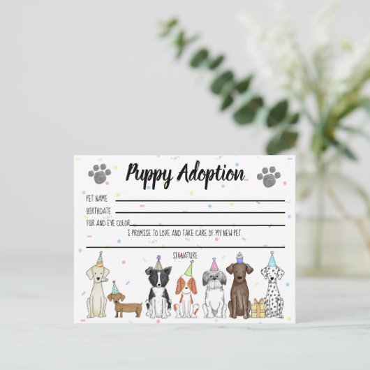 Gevulde Speelgoed Puppy Adoption Kaart voor Party  (Staand voorkant)