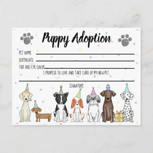 Gevulde Speelgoed Puppy Adoption Kaart voor Party  (Voorkant)