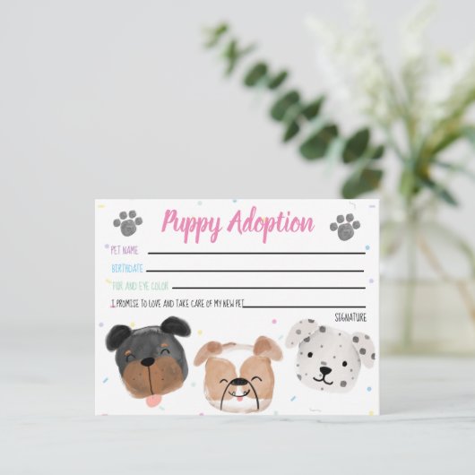 Gevulde Speelgoed Puppy Adoption Kaart voor Party  (Staand voorkant)