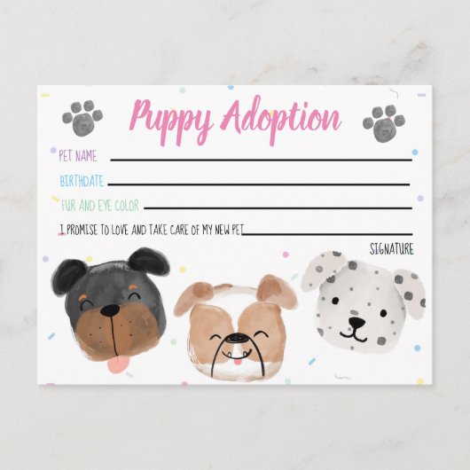 Gevulde Speelgoed Puppy Adoption Kaart voor Party (Voorkant)