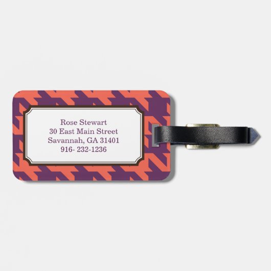 Gewaagd modern paars oranje houndstoothmonogram bagagelabel (Achterkant horizontaal)