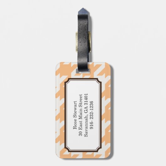 Gewaagd modern sinaasappel houndstooth met bagagelabel (Achterkant verticaal)
