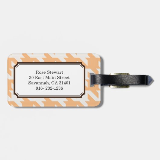 Gewaagd modern sinaasappel houndstooth met bagagelabel (Achterkant horizontaal)