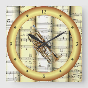 Gewalste cornet ~ Rollend vel muziek ~ Gold Ring ~ Vierkante Klok