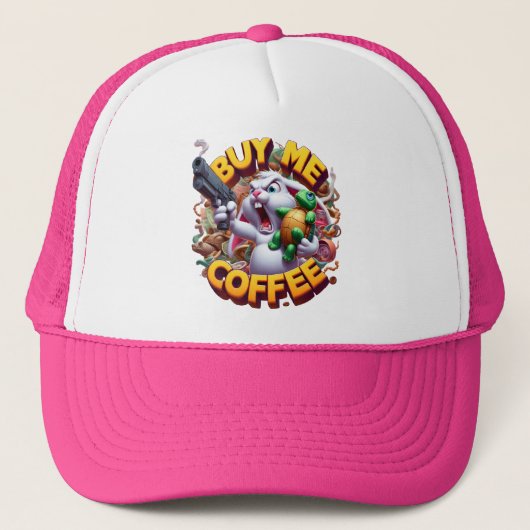 Gewapende Bunny en Turtle Duel Koop mij een koffie Trucker Pet (Voorkant)