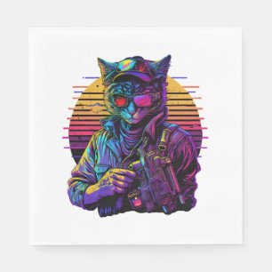 Gewapende kat in nacht stad cyberpunk spel servet