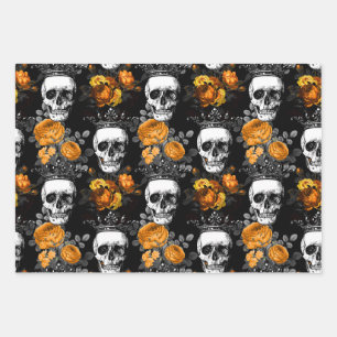 Gewas Skulls met Oranje Rozen Inpakpapier Vel