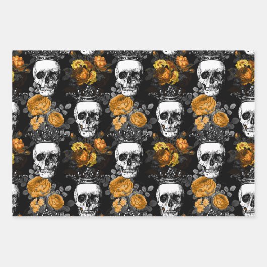 Gewas Skulls met Oranje Rozen Inpakpapier Vel (Voorkant)