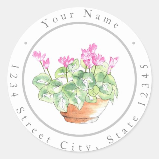 Gewaterverfde Cyclamen in Pot Ronde Sticker (Voorkant)