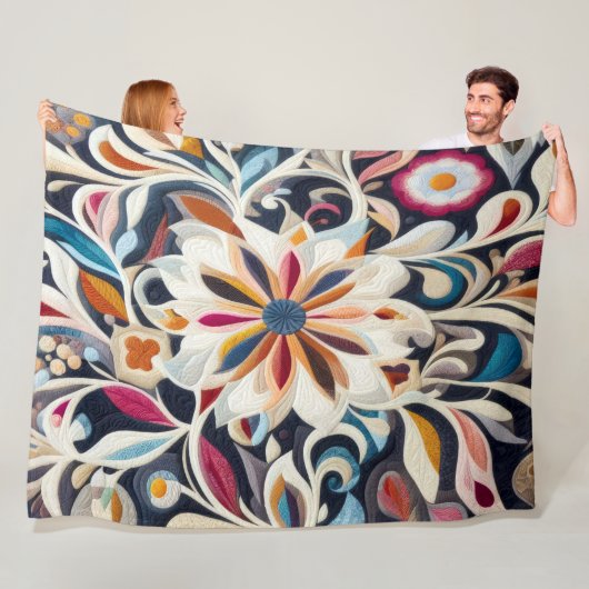 Gewatteerd blauw Abstract bloemontwerp Fleece Deken (In situ)