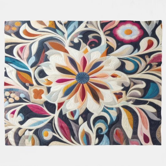 Gewatteerd blauw Abstract bloemontwerp Fleece Deken (Voorkant (Horizontaal))