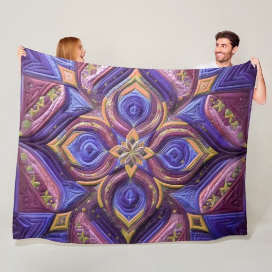 Gewatteerd Blauw en Pruim Abstract Ontwerp Fleece Deken (In situ)