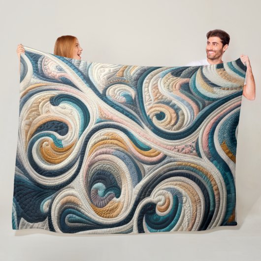 Gewatteerd Blauw Goud Abstract Ontwerp Fleece Deken (In situ)