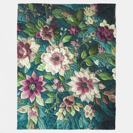 Gewatteerd Blauwgroen blauw bloemontwerp Fleece Deken (Voorkant)