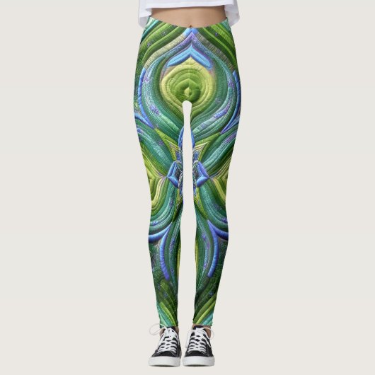 Gewatteerd groen blauw abstract ontwerp leggings (Voorkant)