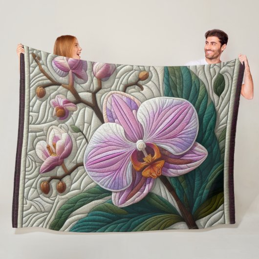 Gewatteerd Paarse Roze Orchidee Design Fleece Deken (In situ)