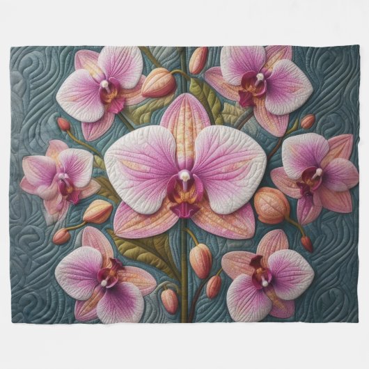Gewatteerd Paarse Roze Orchidee Design Fleece Deken (Voorkant (Horizontaal))