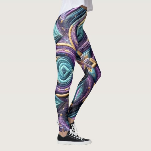 Gewatteerd Paarse turquoise blauw abstract ontwerp Leggings (Rechts)