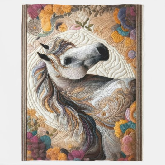 Gewatteerd wit paard en bloemen fleece deken (Voorkant)