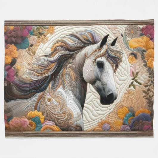 Gewatteerd wit paard en bloemen fleece deken (Voorkant (Horizontaal))