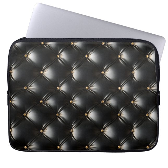 Gewatteerd zwart lederen patroon laptop sleeve (Voorkant)