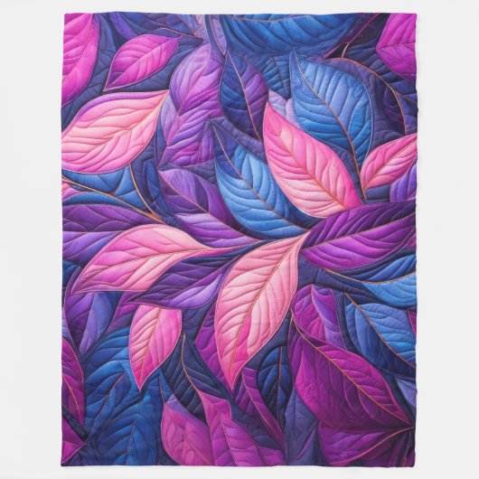 Gewatteerde Blauw Paarse Roze Bladeren Design Fleece Deken (Voorkant)