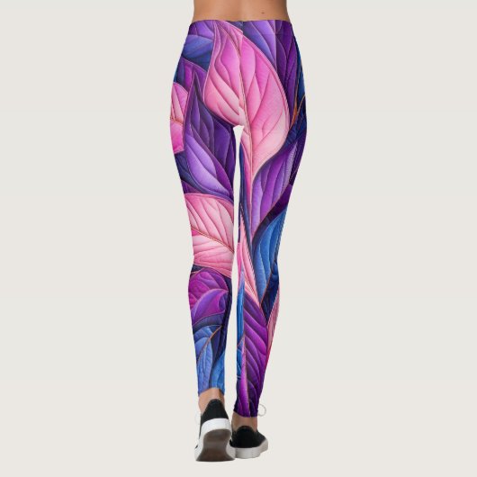Gewatteerde Blauw Paarse Roze Bladeren Design Leggings (Achterkant)