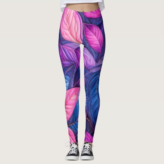 Gewatteerde Blauw Paarse Roze Bladeren Design Leggings (Voorkant)