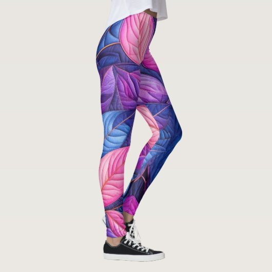 Gewatteerde Blauw Paarse Roze Bladeren Design Leggings (Rechts)