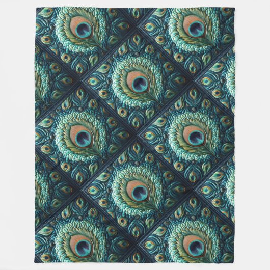 Gewatteerde blauwe pauwenveren ontwerp fleece deken (Voorkant)