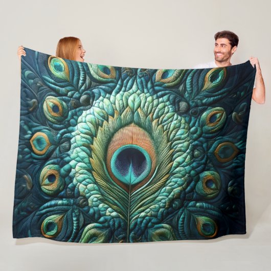 Gewatteerde blauwe pauwenveren ontwerp fleece deken (In situ)