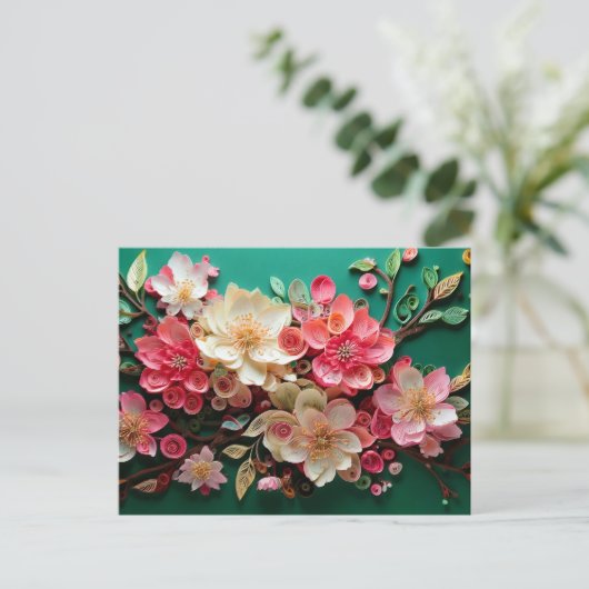Gewatteerde Cherry Blossom Art Briefkaart - Green  (Staand voorkant)