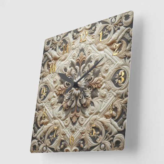 Gewatteerde crème grijs arabisque vierkante klok (Hoek)