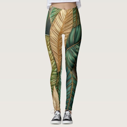 Gewatteerde gouden groene tropische bladeren ontwe leggings (Voorkant)