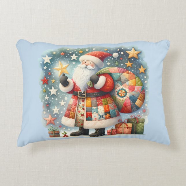 Gewatteerde patchwork kerstman met kerststerren accent kussen (Voorkant)