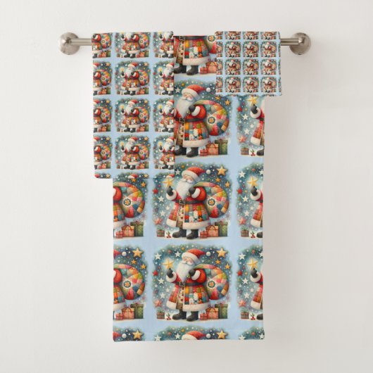 Gewatteerde patchwork kerstman met kerststerren bad handdoek (Insitu)
