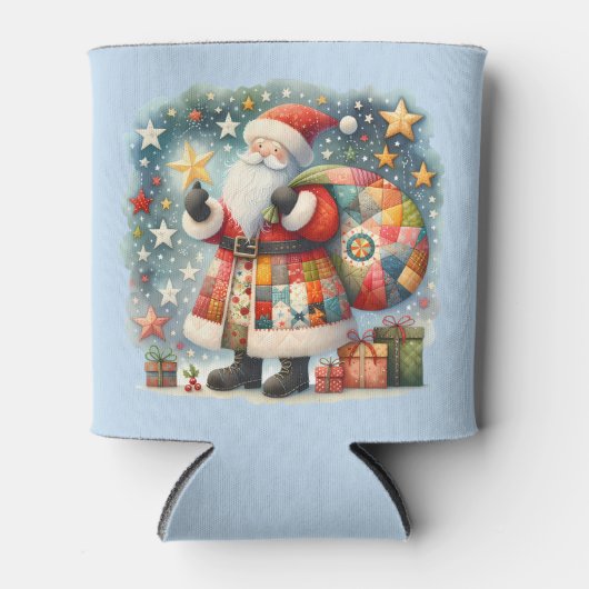 Gewatteerde patchwork kerstman met kerststerren blikjeskoeler (Voorkant)