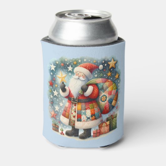 Gewatteerde patchwork kerstman met kerststerren blikjeskoeler (Blikje Achterkant)